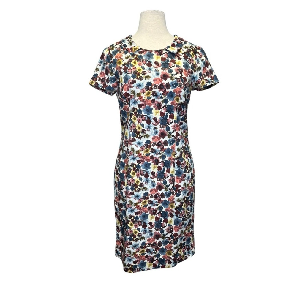 Peserico Floral Sheath Dress IT 44 US 8 Pastel Jewel Tones Beaded Short Sleeve